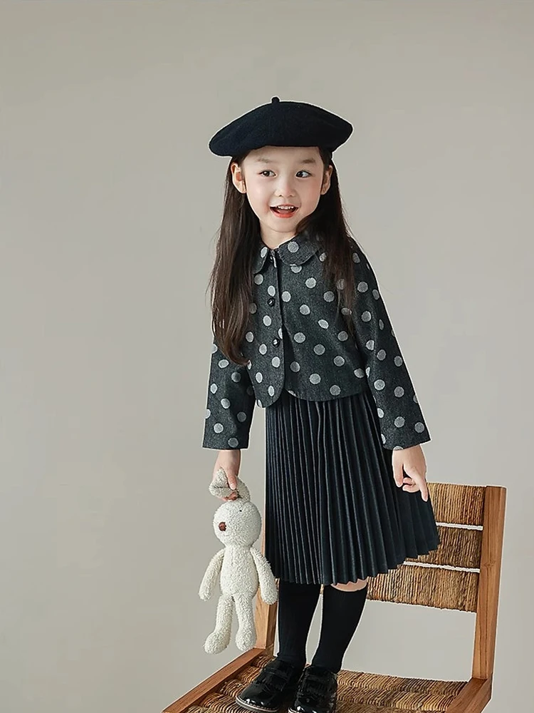 Baby Girls Fashion Autumn Clothes Set Glirs Wave Point Lapel Shirt Coat + Pleated Black Skirt 2pcs Children Cool Costumes Suit