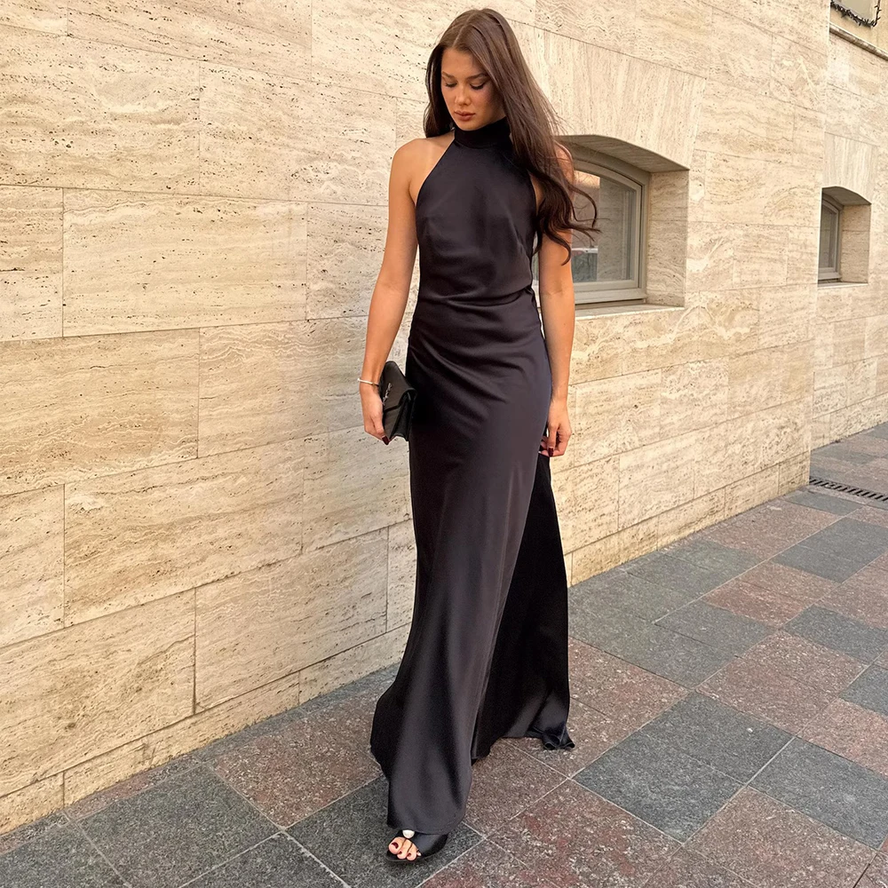 

Vanessa Simple Black Satin Halter Evening Dress Sleeveless Backless Special Occasion Gowns Formal Party Prom Dress Cusrtomized