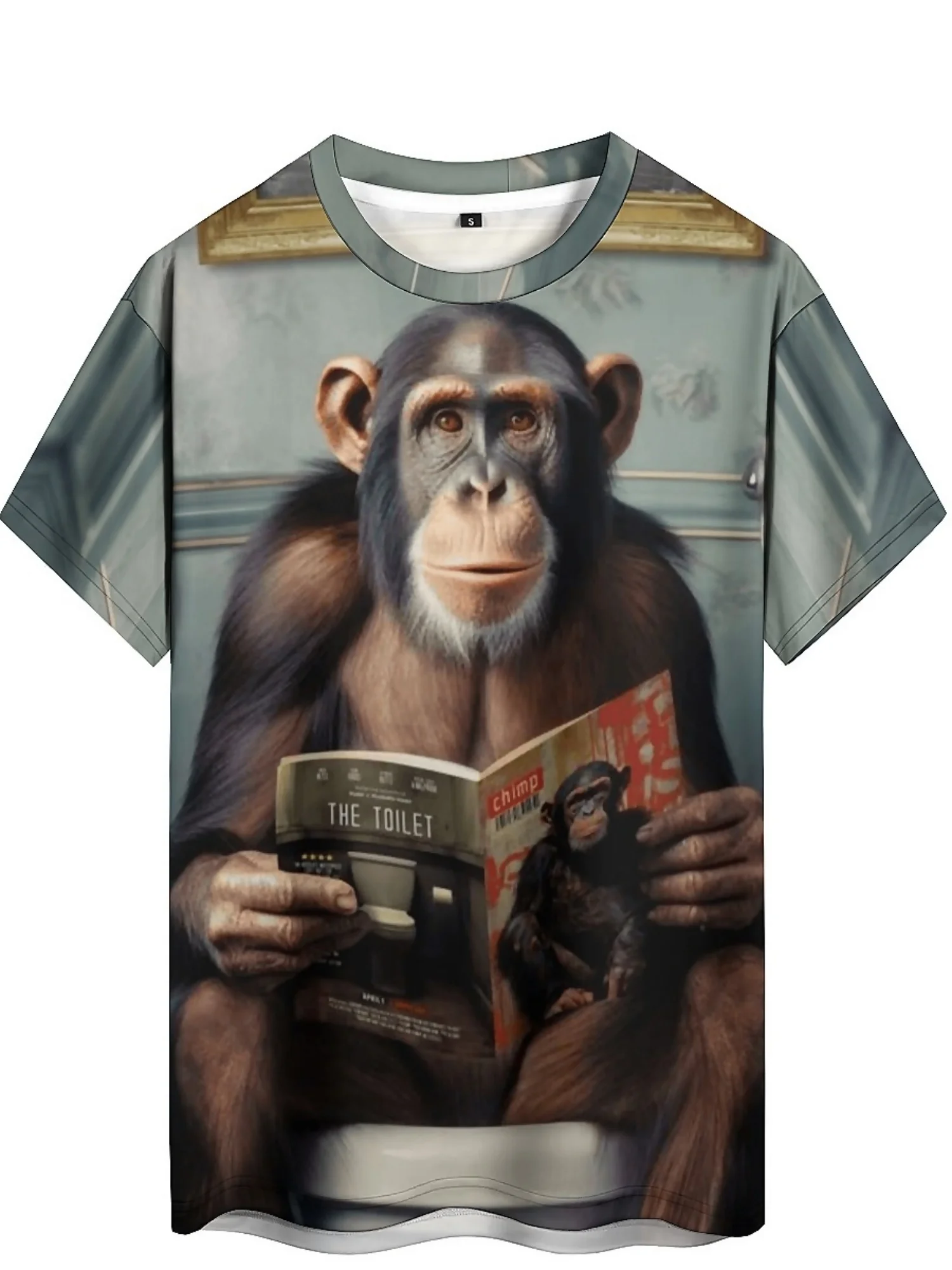 Men's Hip Hop Funny Monkey Reading 3D Graphic T-Shirt - Bold Geometric Print Loose Fit Plus Size Casual Streetwear, Breathable