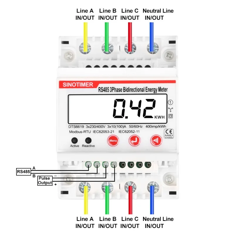 3 Phase Bidirectional Energy Meter 4P RS485 Modbus RTU DIN Rail Power Meters KWh Voltage Current HZ Wattmeter 380V AC 100A