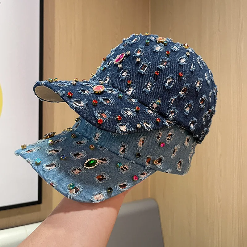 Luxury Water Diamond Baseball Cap for Women Designer Sun Caps Girls Personalized Water Washed Punched Baseball Hat Trend