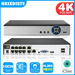 HKIXDISTE 4K Human Detect H.265 POE NVR Video Recorder 10CH 8MP ICSee CCTV Network Security Surveillance Recorder 8CH P2P Remot