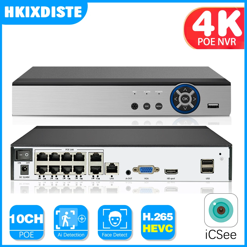 HKIXDISTE 4K Human Detect H.265 POE NVR Video Recorder 10CH 8MP ICSee CCTV Network Security Surveillance Recorder 8CH P2P Remot