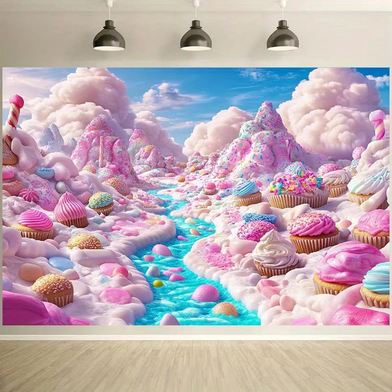 Candy Cloud Cupcake River Tapestry Fantasy Sweet Land Dreamy Pastel Landscape Wall Art for Kids Room Birthday Party MagicalSugar