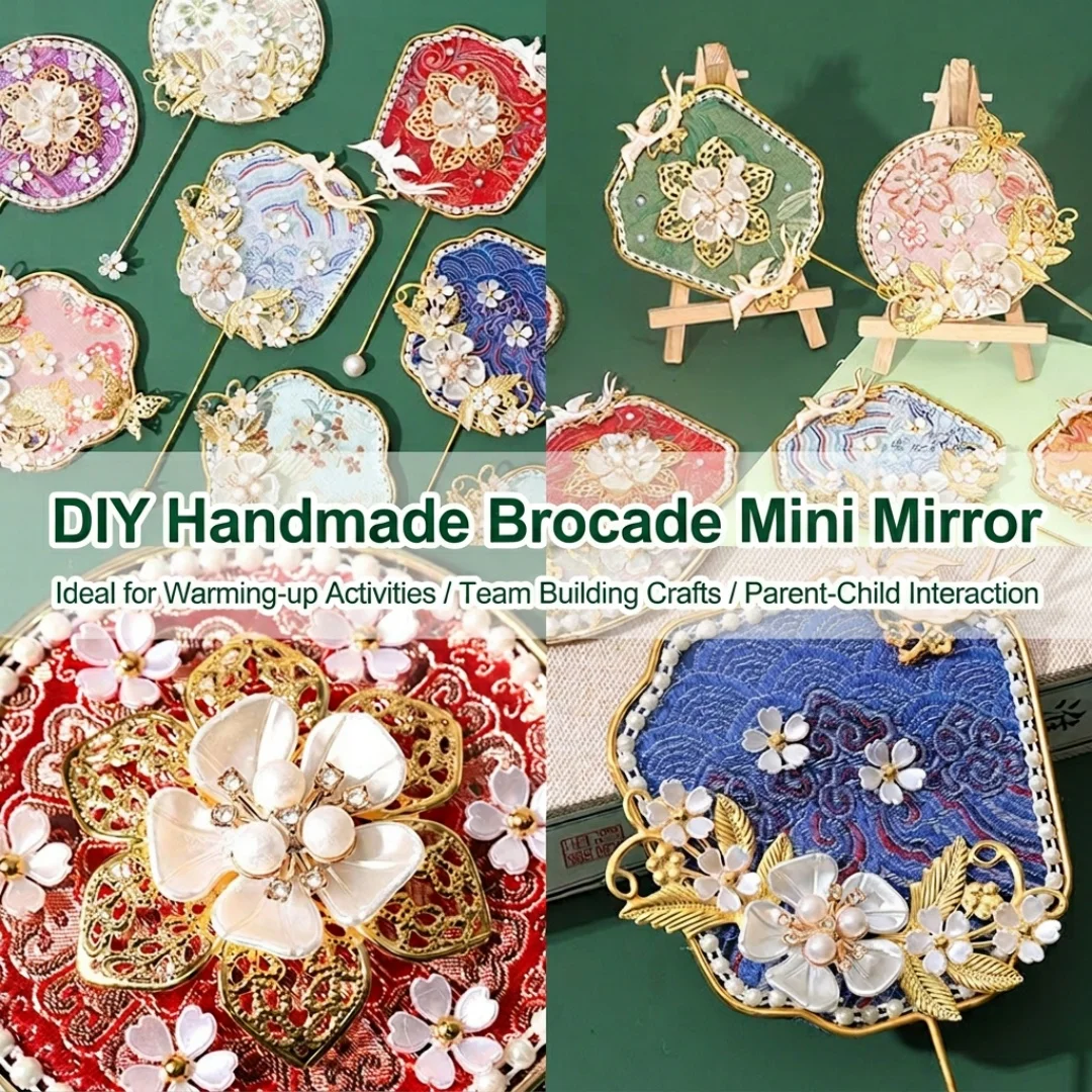 Unfinished Diy Mirror Hand Fan Kit Brocade Wedding Fan Makeup Mirror Pearl Flower Decoration Party Decorative Bridal Accessories