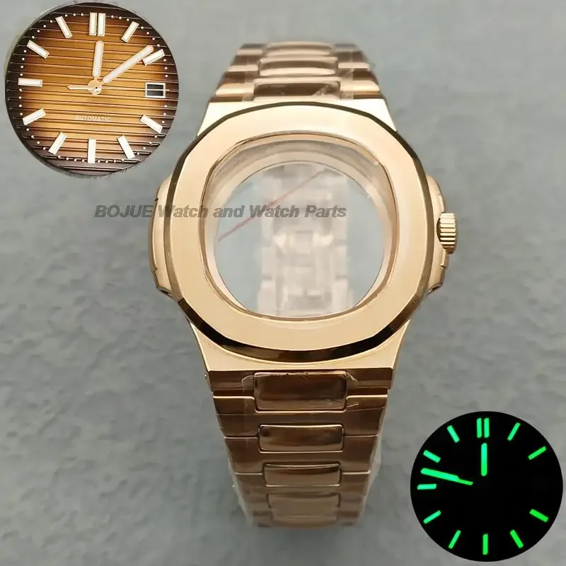 

41mm Rose Gold Stainless Steel Watch Case Dial Pointers Strap for Nautilus NH35 NH36 Movement Transparent Back Repair Replace
