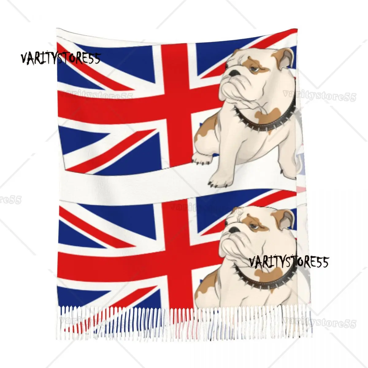 Gepersonaliseerde Gedrukte Engelse Bulldog Op Een Achtergrond Van De Britse Vlag Lange Stapel Franje Mannen Sjaal Vrouwen Anti Chill Sjaal