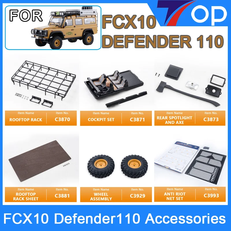 FMS1/10 FCX10 Defender 110 Camel Trophy Original Spare Parts Car Body Bumper Mirror Wiper Light Cup Decal Rooftop Rack Upgrade