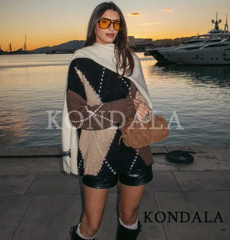 KONDALA Casual High Street Rhombus Sweater Women O-Neck Knitted Contrasting Sweater 2026 Spring Autumn Fashion Elegant Sweater