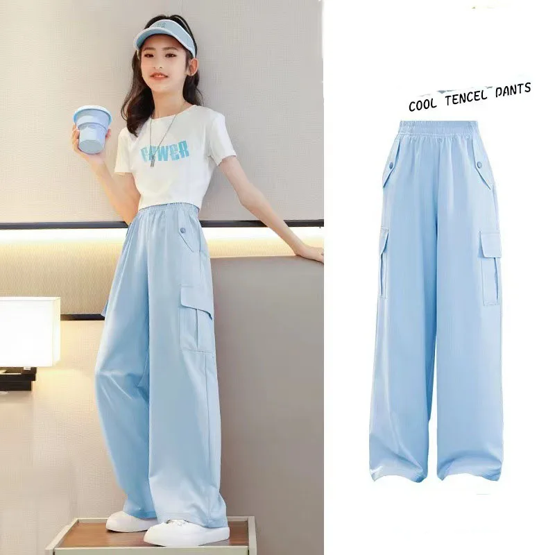 2025 Широкие брюки для девочек, детские брюки из ледяного шелка, новые противомоскитные брюки, спортивная одежда для подростков, универсальные брюки-карго