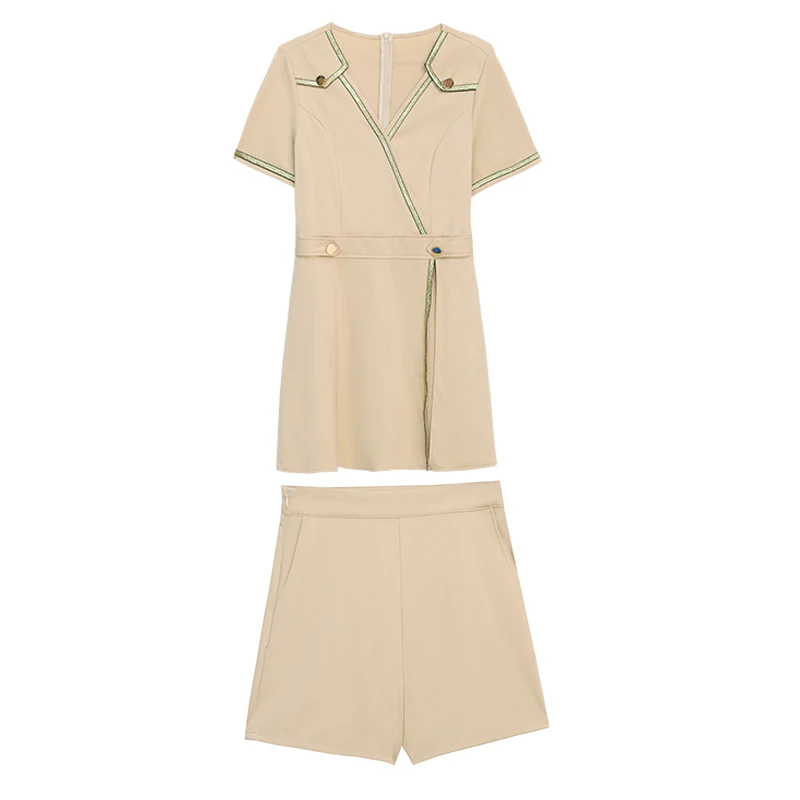 2024 Summer Women Retro OL Work Wear Clothing V neck Two Buttons Slim Waist Split Dress and Blazer Shorts 2pcs Set Outfits