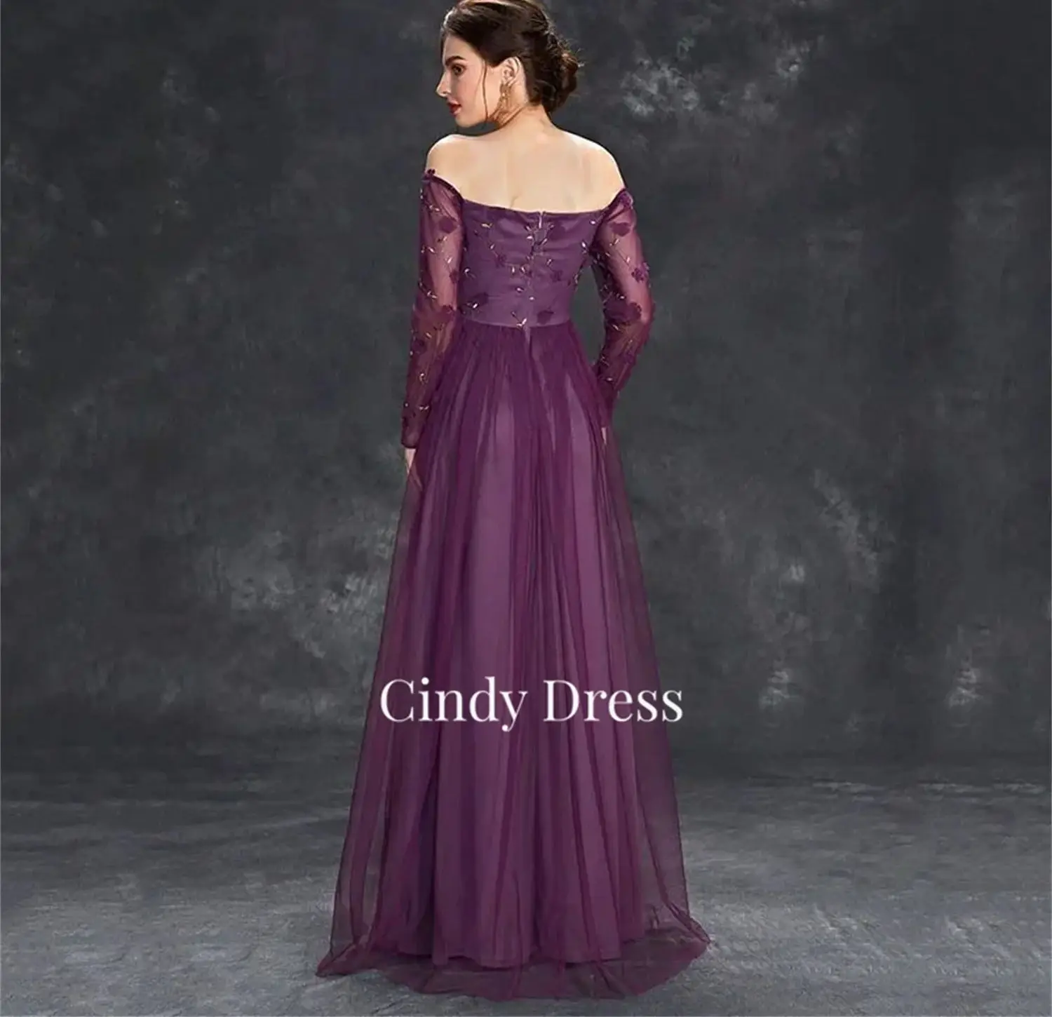 Cindy A-line Purple Mom Dress Long Sleeves Off the Shoulders Luxurious Women's Evening Dresses for Special Occasions Party Gala