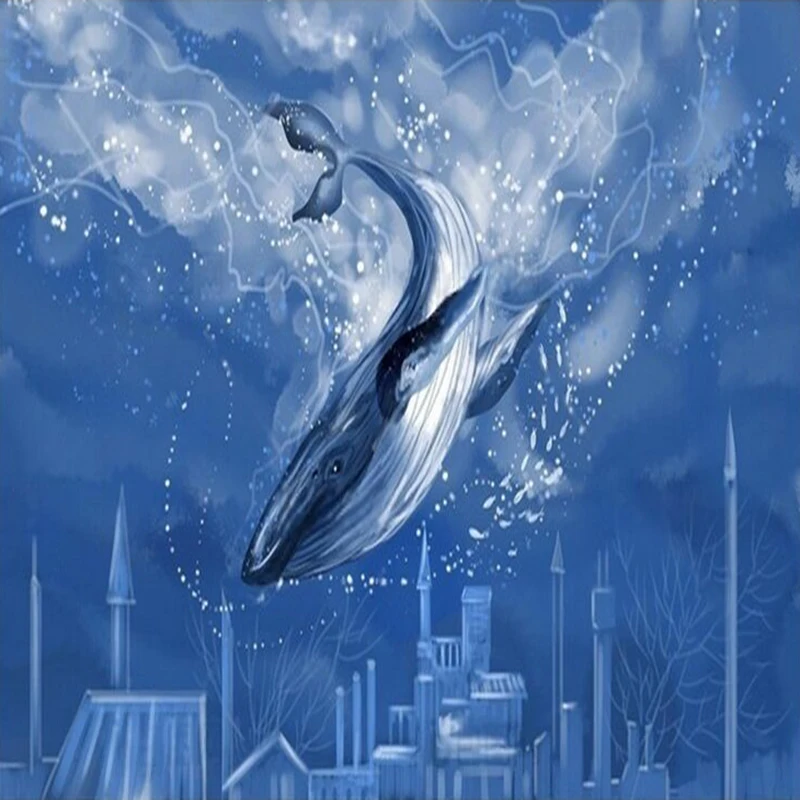 Dreamy whale Modern hand-painted under the sea mural TV home decoration bedroom background wall