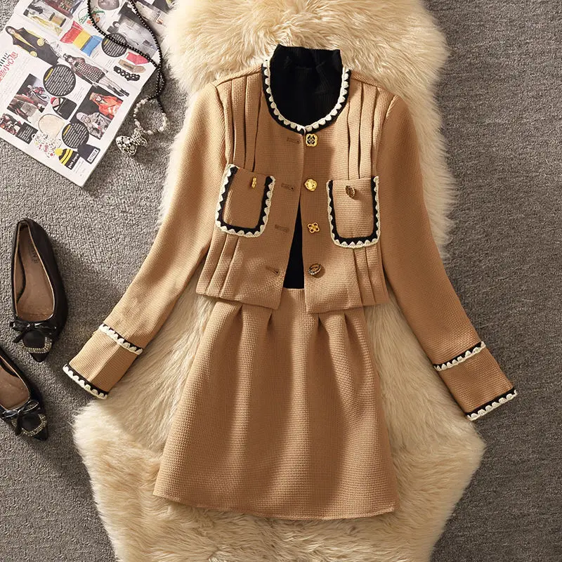 Women 2023 New Winter Elegant Suit Jacket Coat Jumpers Top And Skirt Three Piece Set Female Matching Outfits Luxury Y2K Clothing