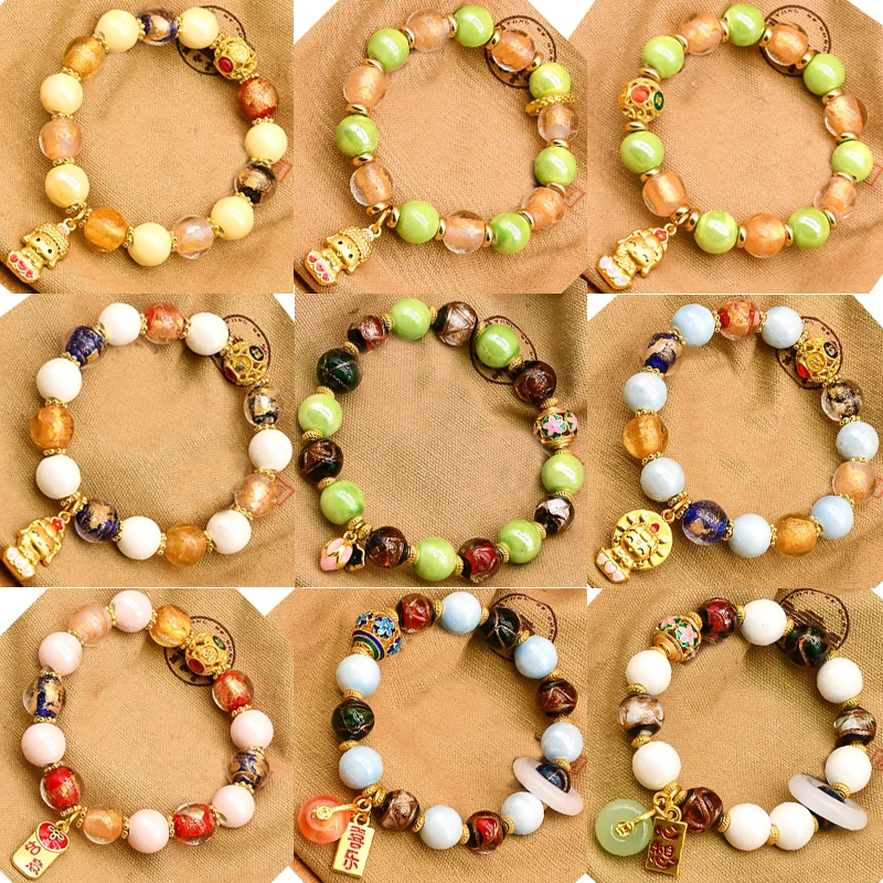 

New Women's Exquisite Colored Turquoise Lucky Wealth Attraction Buckle Elastic Bracelet Fashion DIY Charm Jewelry Gift