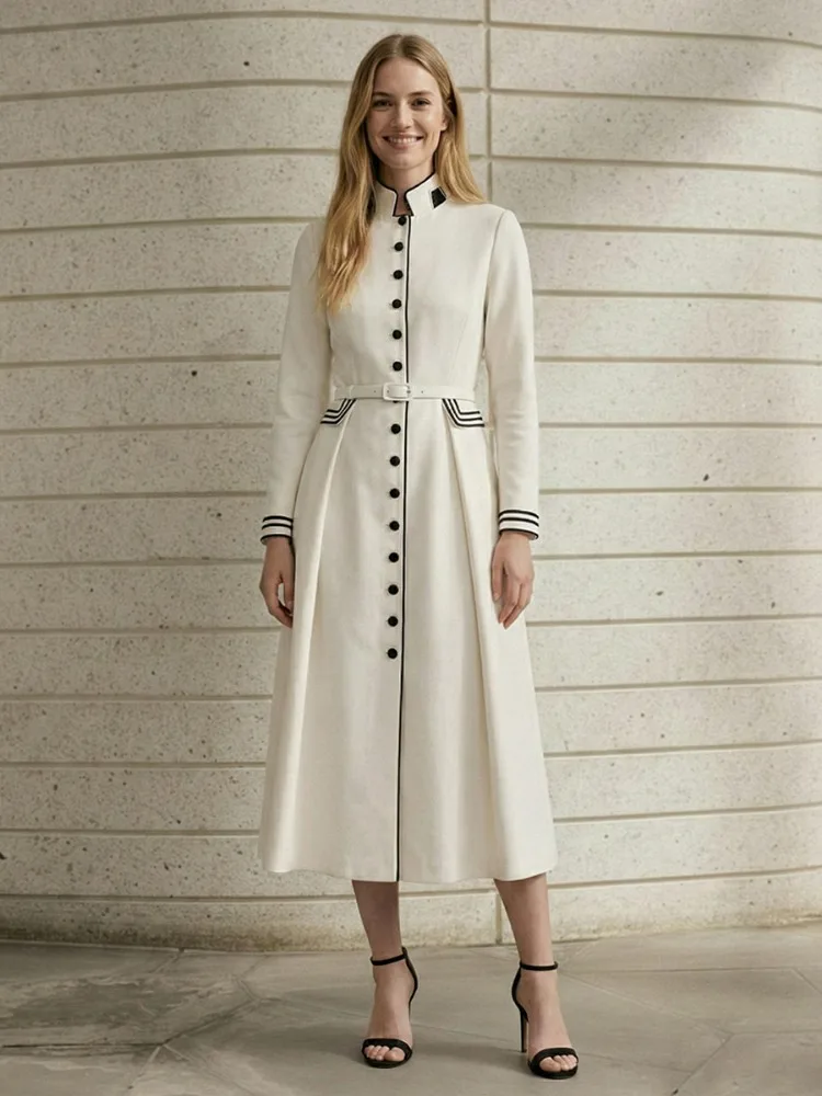 Freeacy Women's White Contrast Trim Mandarin Collar Belted Dress 2026 Spring Elegant Long Sleeves A-line Pleated Office Dresses