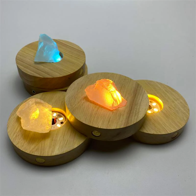 10CM Creative DIY Wooden Luminous Lamp Holder Touch Switch Rechargeable LED Light Dispaly Base Crystal Glass Resin Art Ornament