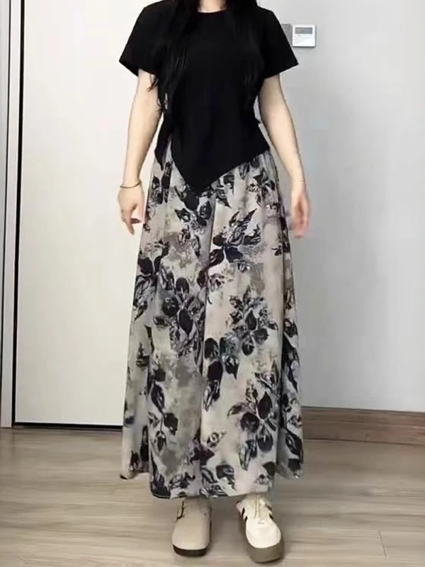 Water-Media Flower Gradient Casual Pants Women plus Size Summer Thin Wide Leg Ice Silk Drapey Skirt Pants High Waist Straight...
