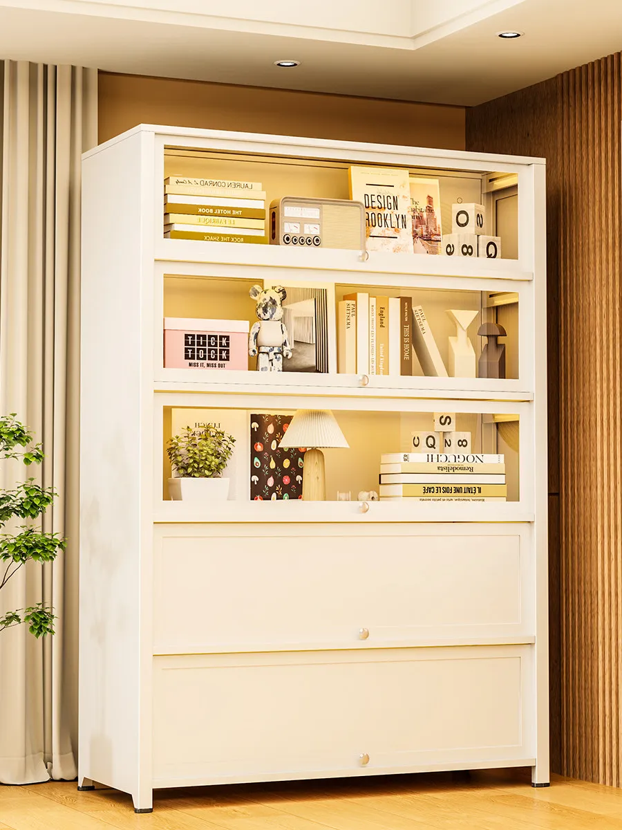 Household Steel Bookshelf Children's Bookcase, Multi-layer Storage Cabinet with Door Dust Locker, Wrought Iron Floor Shelf