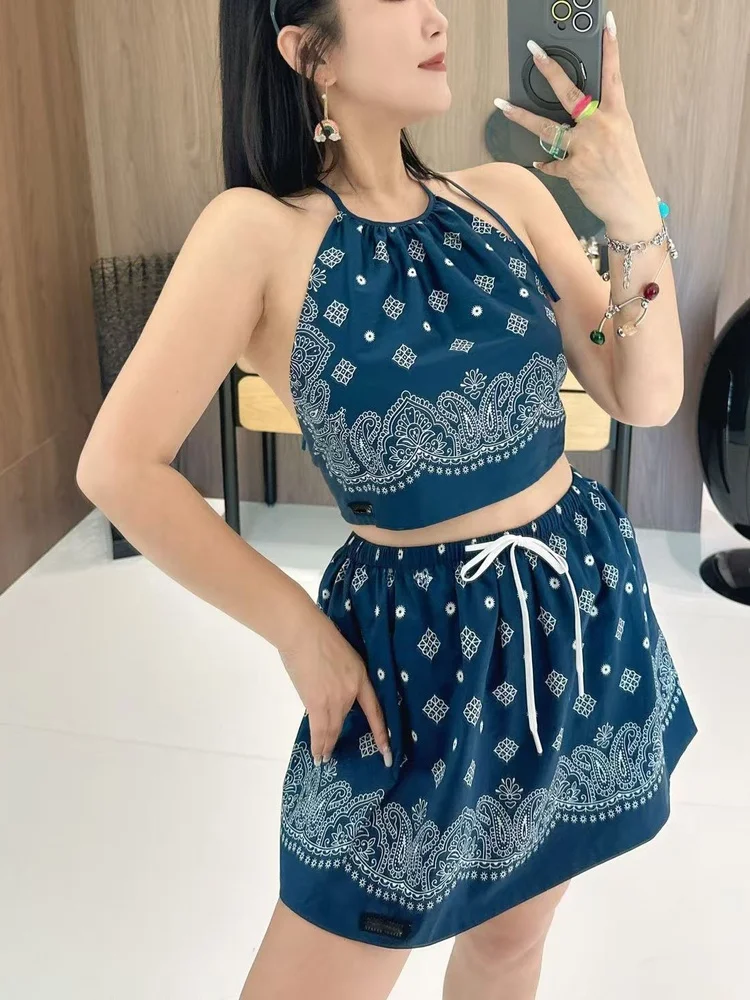 

V-Ne Tie-Detail Hanging Ne Strap Vest Loose irt Dstring Waist Pleated Skirt Cotton Summer Faion Set Women's Clothing