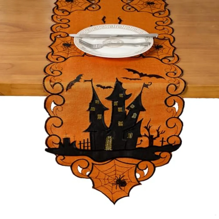 AMARED هالوين الجدول عداء المطرزة مخيف الخفافيش العنكبوت مضمد وشاح لخريف عطلة الديكور 13X69 Ih