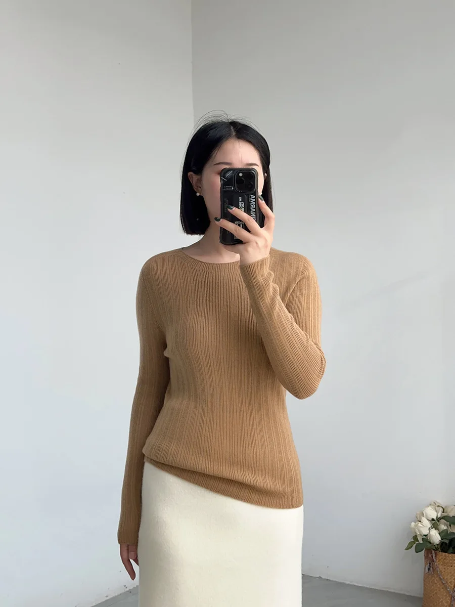 Birdtree 100%Wool Soft Comfortable Seamless Pullover Women's Ice Cream Color Knit Basic Sweater Slimming Fall Winter T3N362QC