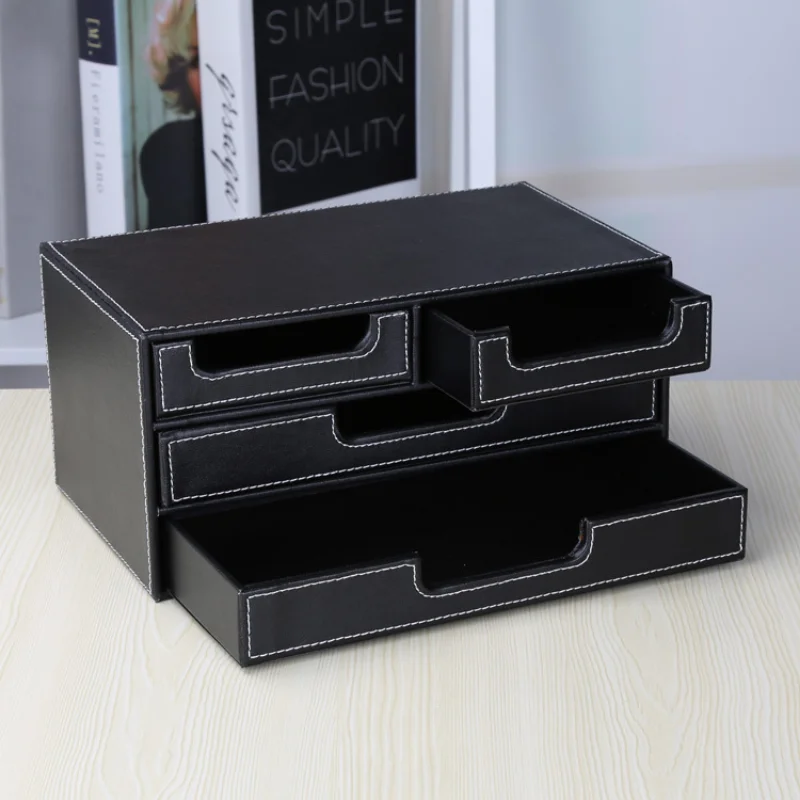 3 Layer Stationery Storage Drawers Box Desktop Sundries Organizer Box Artificial Leather Multi-Functional Desk Organizer Black