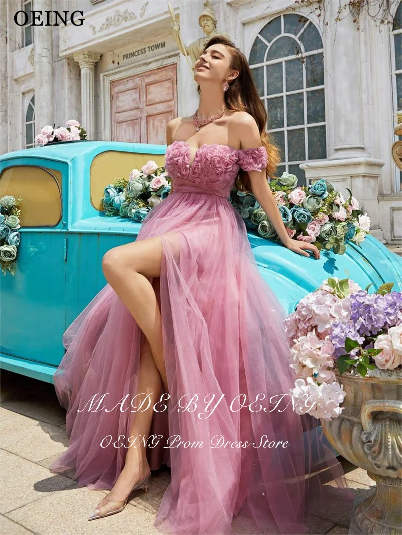 BOEING Prinses A-lijn Prom Jurk Roze 3D Rose Bloem Off Schouder Side Hoge Split Verjaardagsfeestje Jurk vestidos Aangepaste