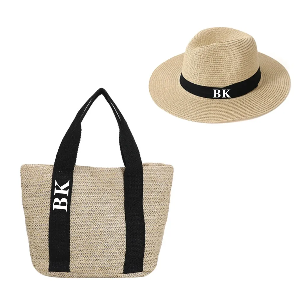 Personalized BUNDLE Tote Bag Women\'s Handbag Straw Beach Bag and Hat Custom Honeymoon Hat Wedding Party Gift Bag and Hat Set