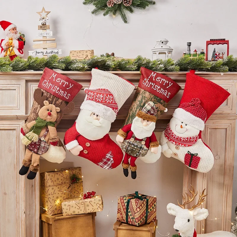 1Pcs Christmas Stockings 3D Classic Large Stockings Santa Snowman Reindeer Xmas Stocking for Family Christmas Tree Decorations