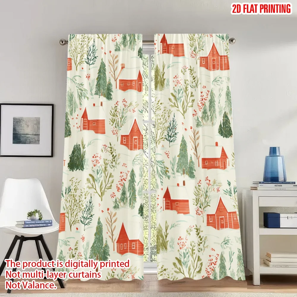 

2pcs 2D flat printing Christmas Hot Curtains Cozy Cabin Winter Forest Red Digital Printed Polyester Drapes Party & Holiday Decor