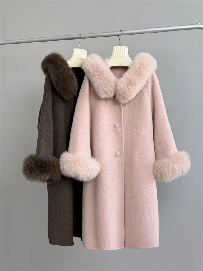Women's Autumn Winter Elegant Fox Fur Collar Cuffs Loos Long Wool Coat Lady Streetwear Single Breasted Loose Wool Outwear Top