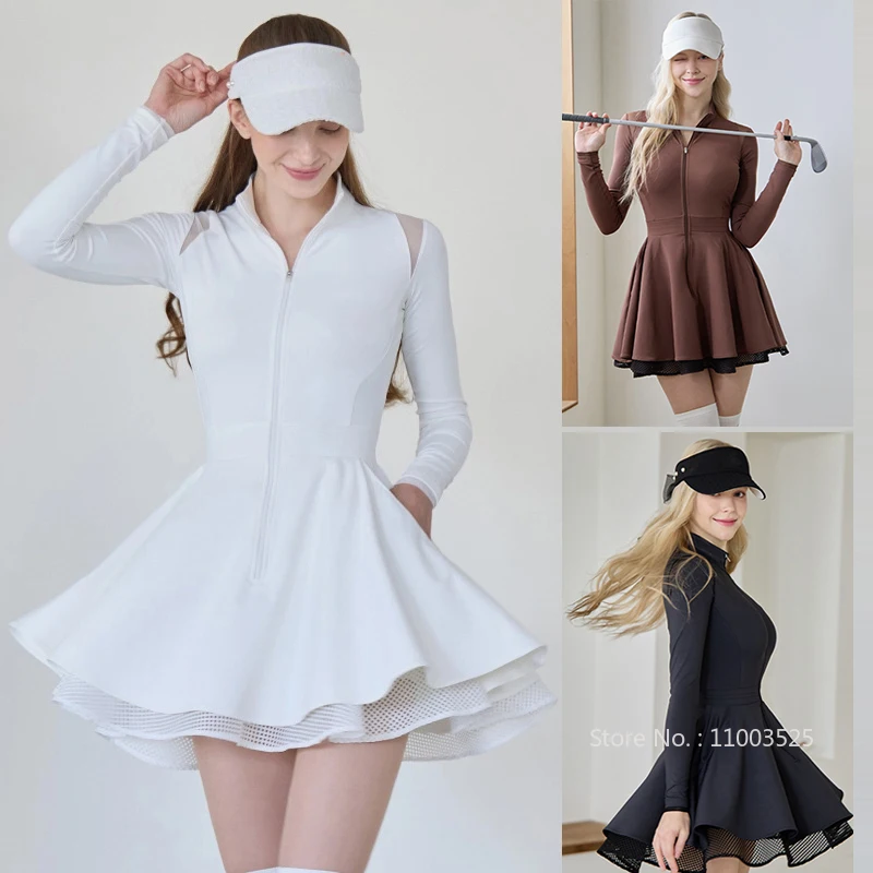 

Women Golf Tennis Yoga Dress Long Sleeve Solid Elegant Dress Double Layer Lace Slim Golf Skirt with Short Workout Clothes S-XL
