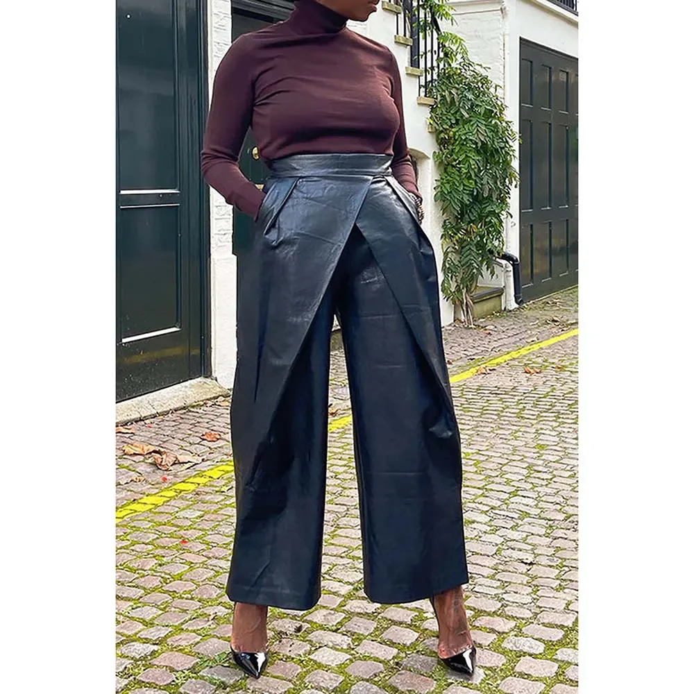 Plus Size Daily High Waist Pants Casual Black Long Fall Winter Pleated PU Leather Pants with Pocket