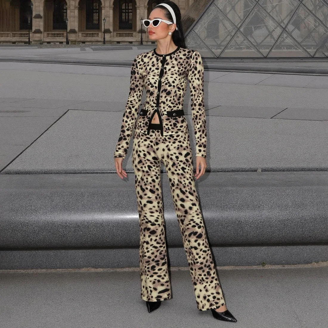 

Brown Leopard Women's Suit Pants Set 2 Pieces Blazer+Trousers Full Sleeves Formal Casual Jacket Holiday Autumn Fall Coat
