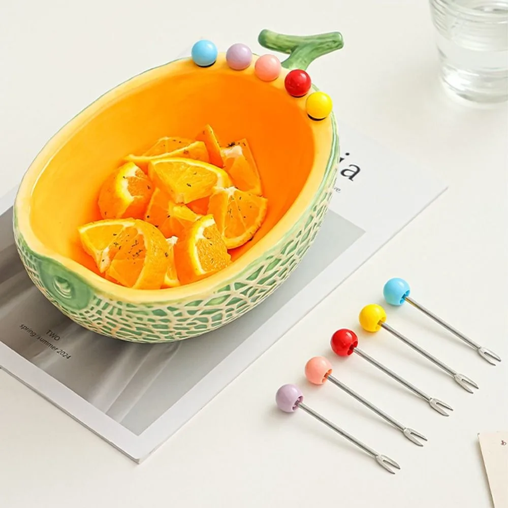 Ceramics Fruit Bowl with Fork Large Capacity with 6 Fruit Fork Fruit Serving Plate Reusable Hami Melon Shape