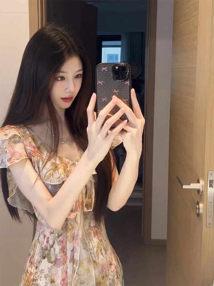 

Удобное женское макси-платье SYJ с цветочным принтом для пляжного отдыха, больших размеров, с завышенной талией, А-силуэт, короткий рукав