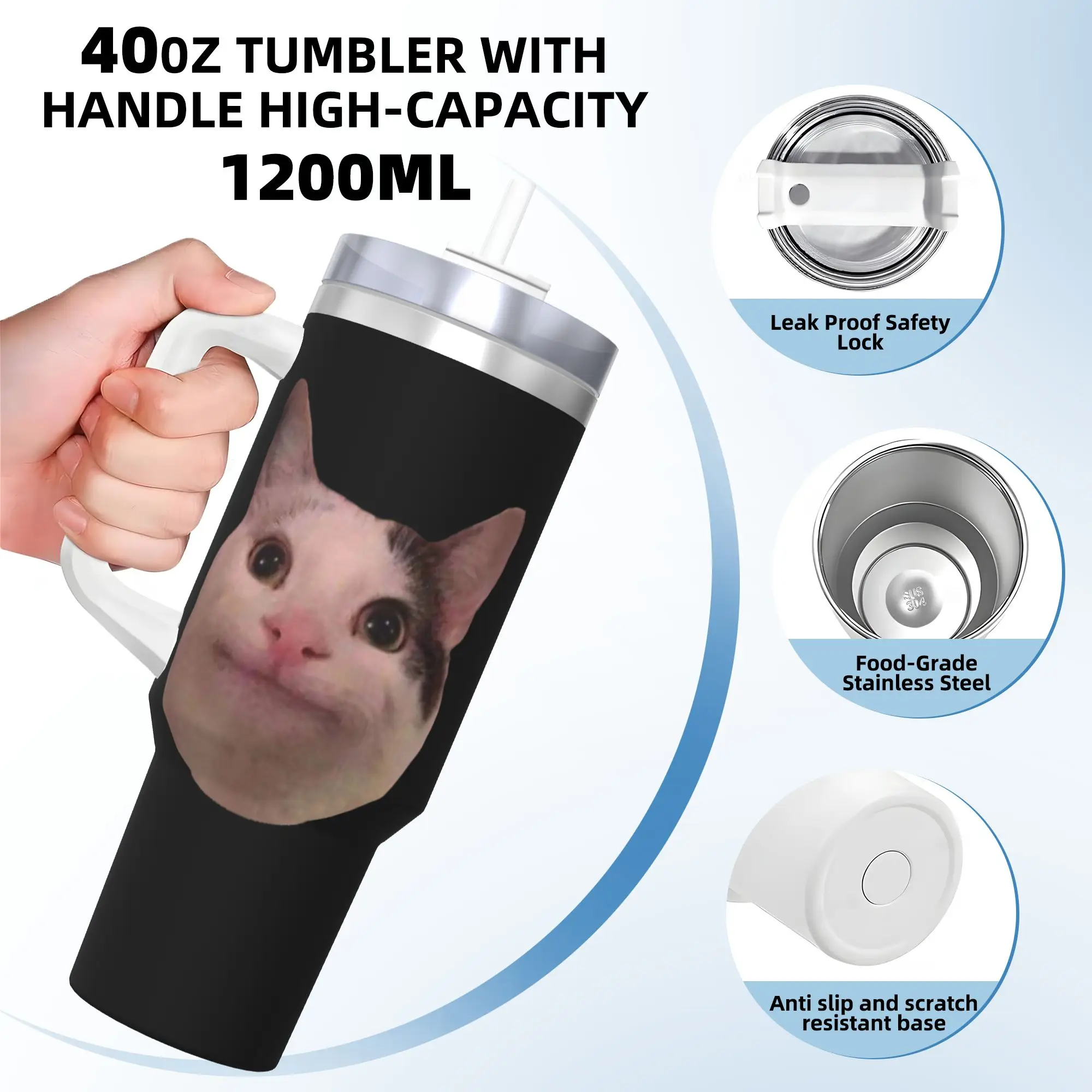 40oz Smiling Beluga Cat Meme Vacuum Insulated Tumbler Internet Viral Joke Handle Mug Gift Ergonomic Straw Lid Cup Cold Hot Drink