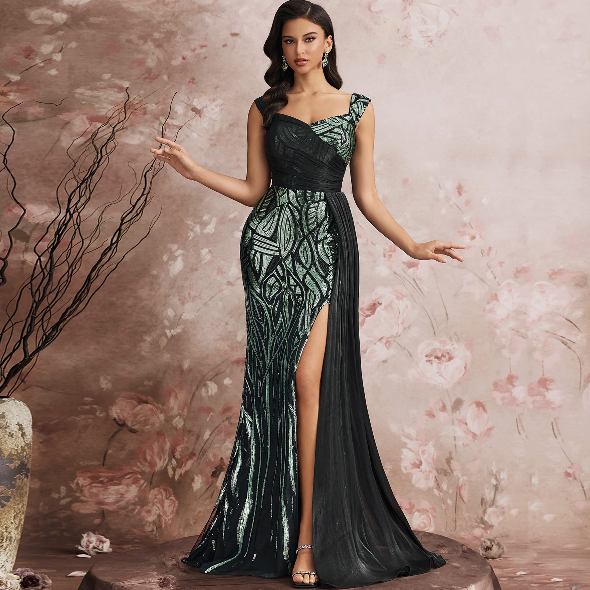 

Rosymae Sparkle Prom Dress Mermaid Trumpet Evening Gown with Sequin Queen Ann Neck for Wedding Party