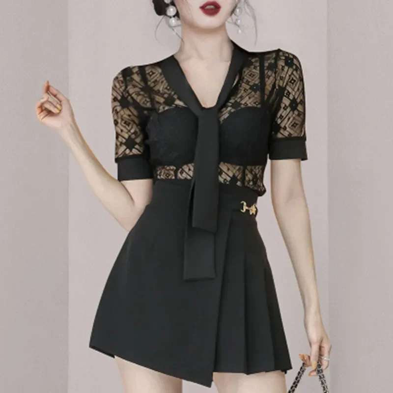 Summer New Temperament V-Neck Ribbon Lace See-Through Top  +Side Buckle Pleated A-Line Skirt Two-Piece Set