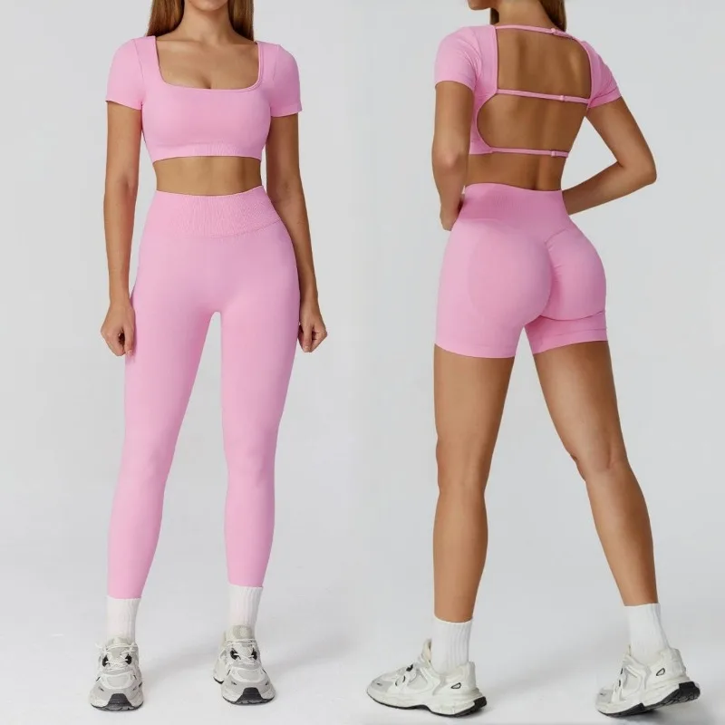 

Women's Seamless Yoga Short Sleeved Set, Bare Back Beautiful Back High Waist Breathable Set Outdoor Sports and Fitness Set