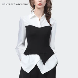 Fashion Spliced Fake 2 Pieces Women Shirt Long Sleeve Turn-down Collar Elegant Skinny Black-white Color Blocking Blouses Tops