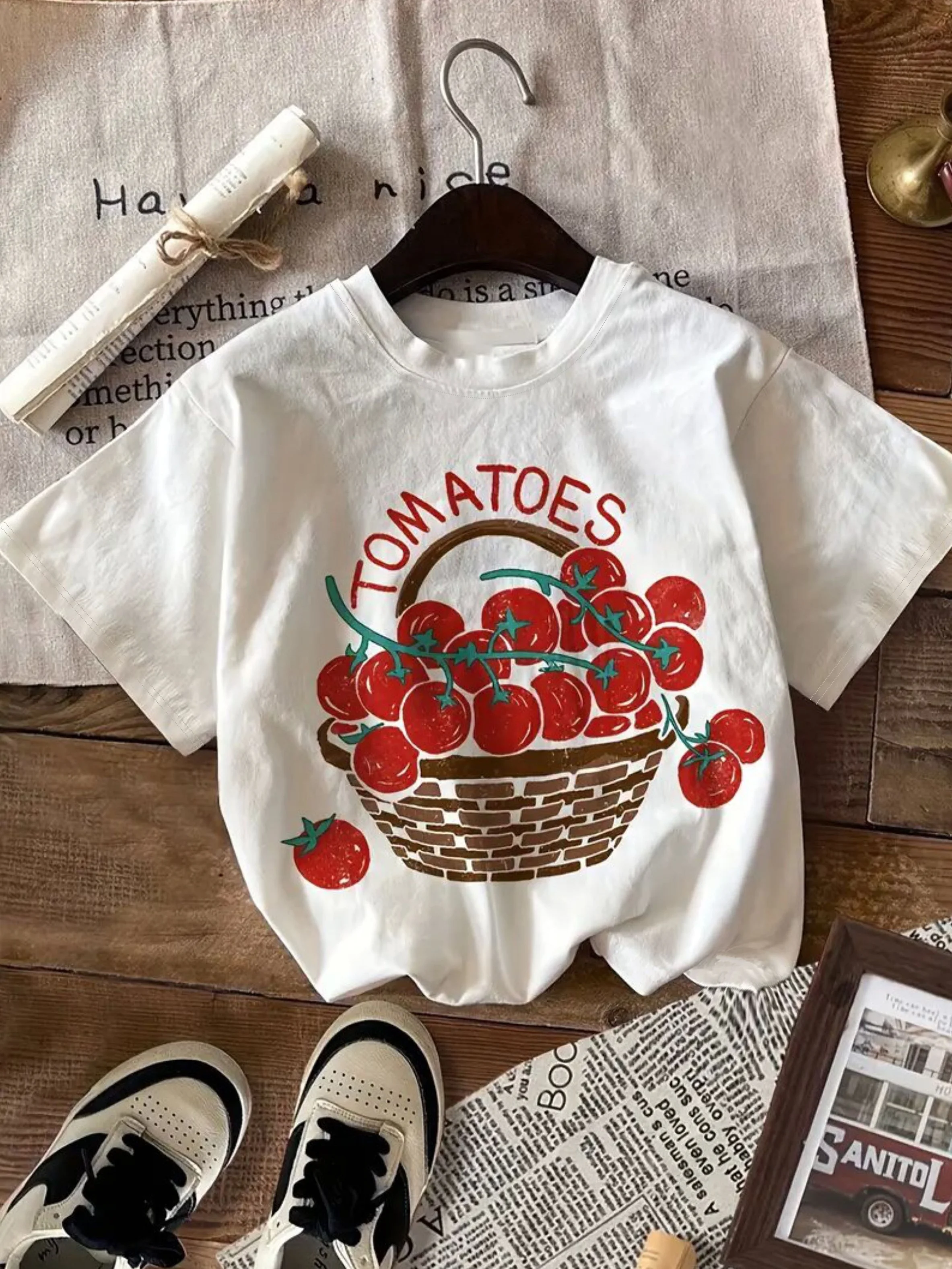 Kids Pure Cotton Crew Neck T-shirt Vintage Tomatoes Vegetable Print Casual Summer Short Sleeve White Tee Boys Girls Clothes