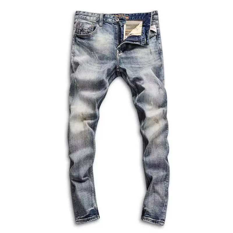 Italian Style Fashion Men Jeans Retro Washed Blue Elastic Stretch Slim Fit Vintage Jeans High Quality Casual Denim Pants Hombre