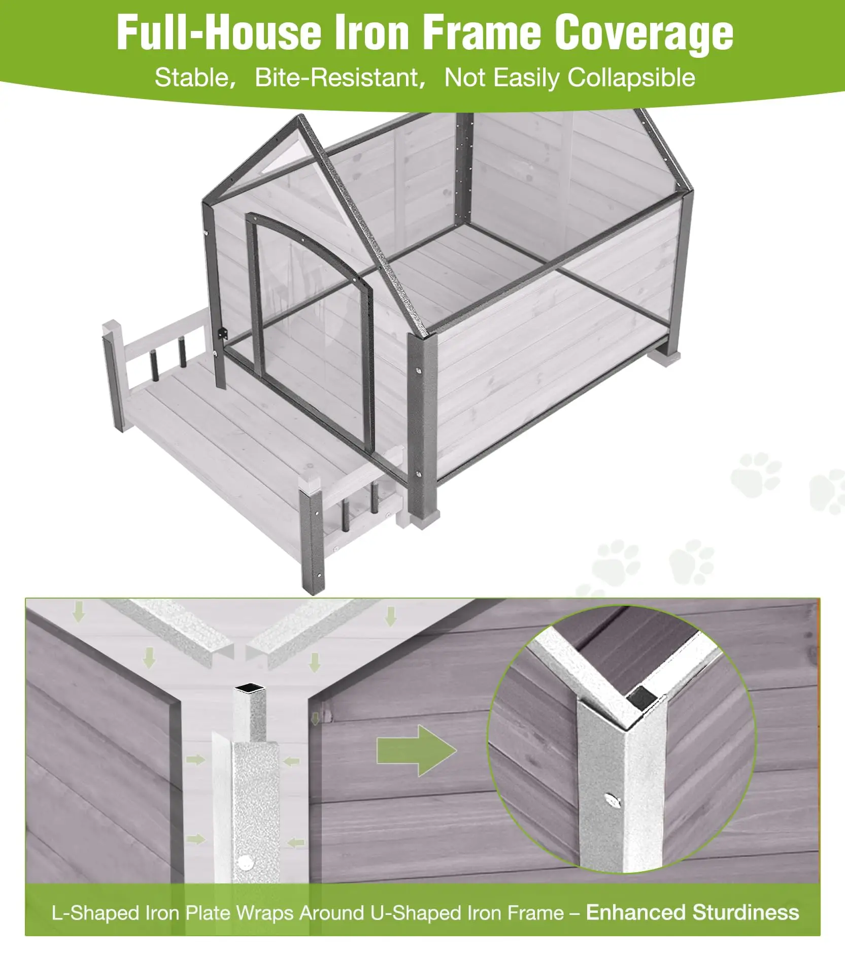 Dog House Outdoor Weatherproof with Porch, Puppy Shelter Indoor with Anti-Bite Design, PVC Curtain, Asphalt Roof