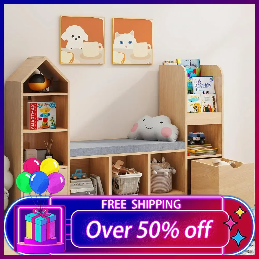 Kids Bookcase and Bookshelf with Reading Nook,Toy Storage Organizer for Kids,2 Movable Drawers and Seat Cushion for Kids,Bedroom