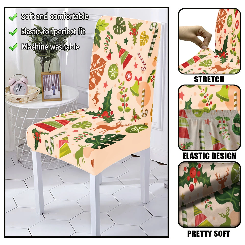 Christmas light orange base flat moose holly tropical leaf cane candy ball pattern printed elastic chair cover