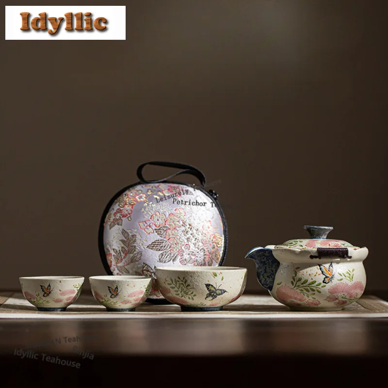 Blue And White Treasure Bottle Pot Butterfly Dance Travel Tea Set 1 Pot 3 Cups Tea Brewing Organizer Portable Camping Stock Bags