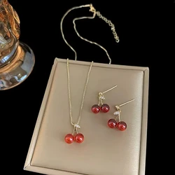 2 Pcs Red Cherry Pendant Necklace Stud Earrings Women's Sweet Fruit Necklace Earrings Jewery Set Party Dating Gifts K