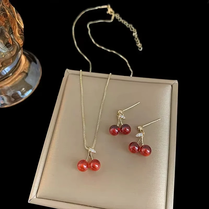 2 Pcs Red Cherry Pendant Necklace Stud Earrings Women's Sweet Fruit Necklace Earrings Jewery Set Party Dating Gifts K